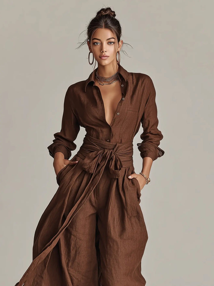 Sophie | Ladies' Linen Shirt Jumpsuit with Long Sleeves and Belt