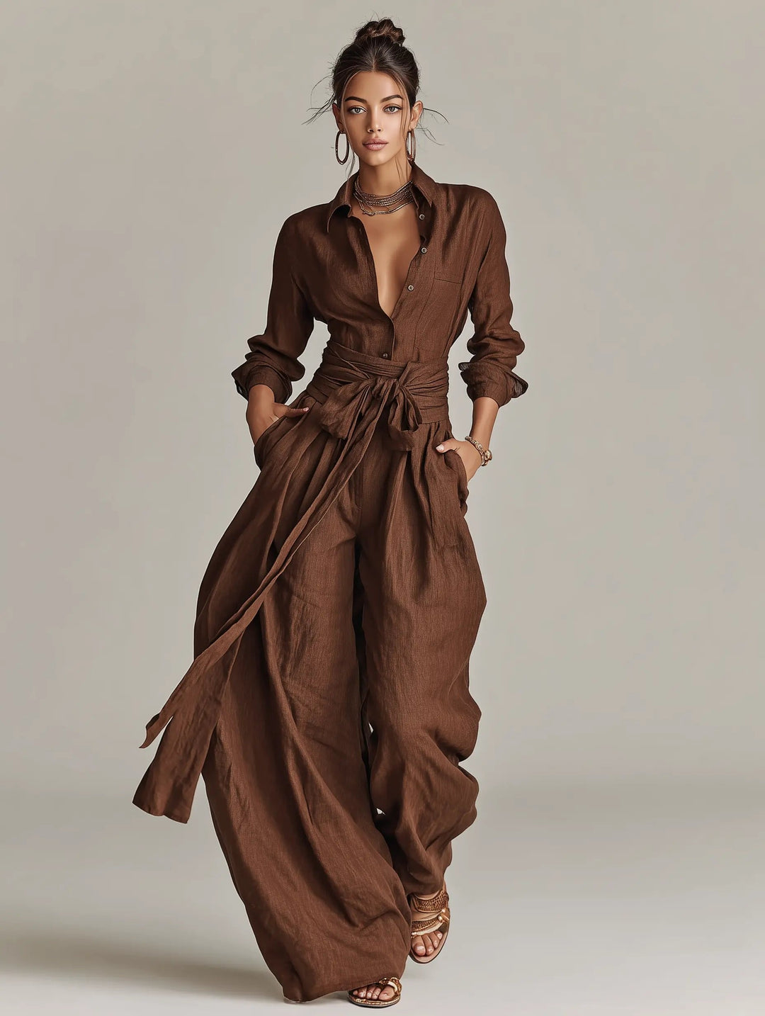 Sophie | Ladies' Linen Shirt Jumpsuit with Long Sleeves and Belt