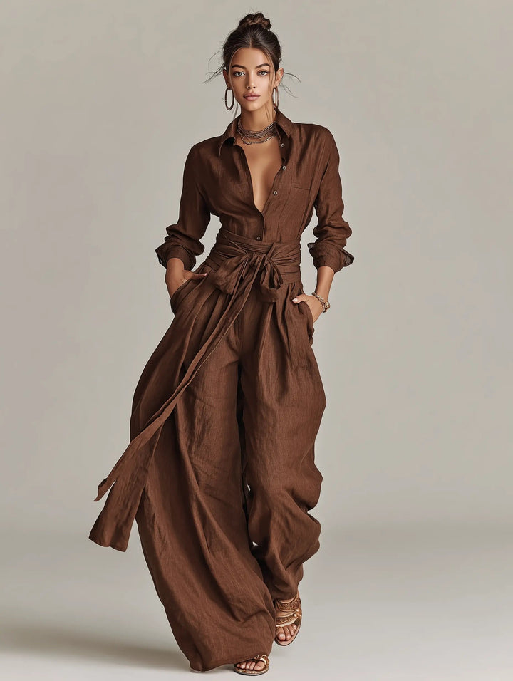 Sophie | Ladies' Linen Shirt Jumpsuit with Long Sleeves and Belt