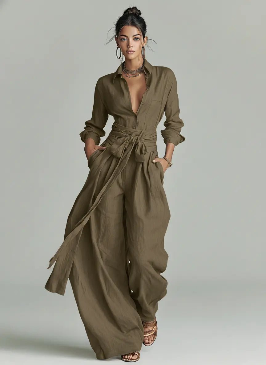 Sophie | Ladies' Linen Shirt Jumpsuit with Long Sleeves and Belt
