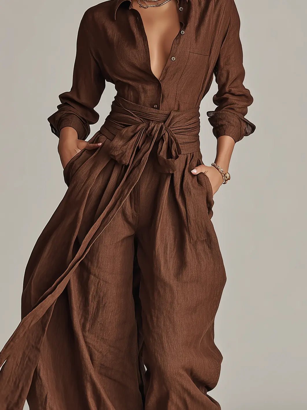 Sophie | Ladies' Linen Shirt Jumpsuit with Long Sleeves and Belt
