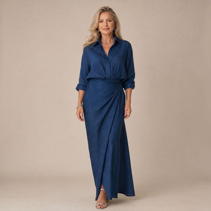 Femke | Women's Maxi Dress Long Sleeves Wrap-Front Pleated Collar