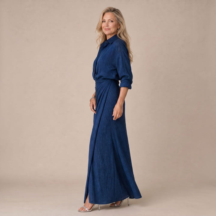Femke | Women's Maxi Dress Long Sleeves Wrap-Front Pleated Collar