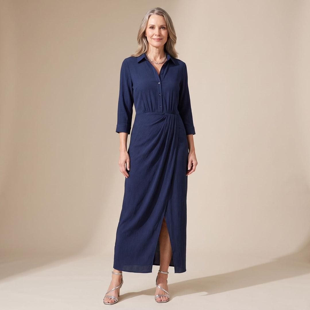 Femke | Women's Maxi Dress Long Sleeves Wrap-Front Pleated Collar