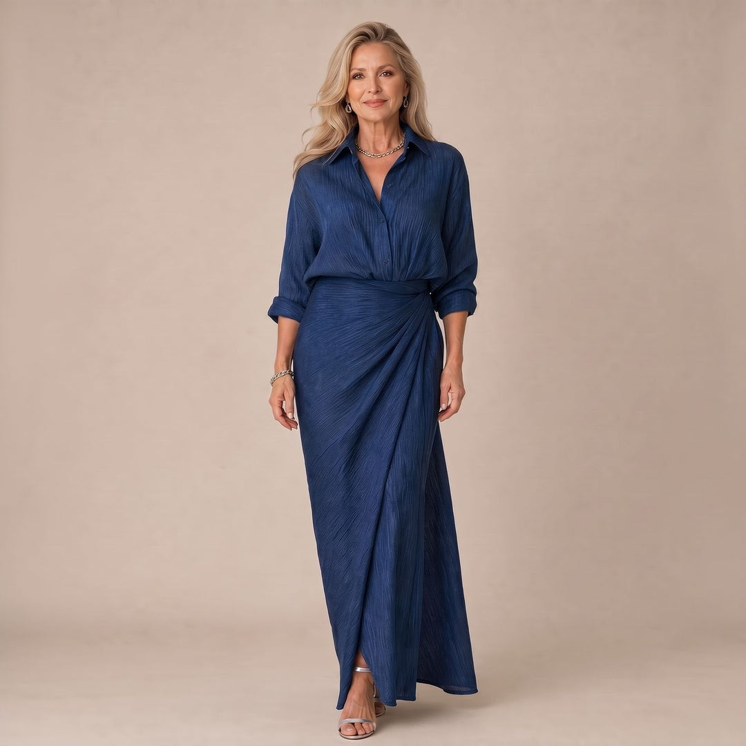 Femke | Women's Maxi Dress Long Sleeves Wrap-Front Pleated Collar