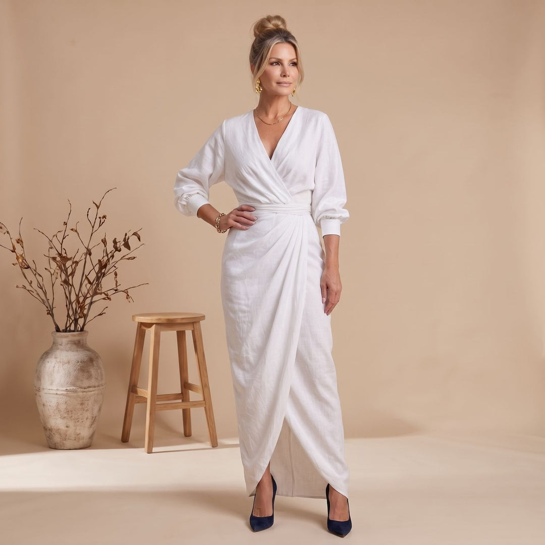 Nina | Women's Maxi Wrap Dress Long Sleeves V-Neck Overlapping Skirt