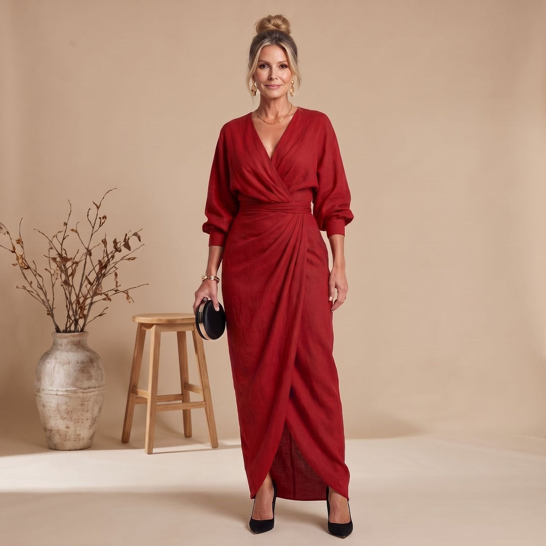 Nina | Women's Maxi Wrap Dress Long Sleeves V-Neck Overlapping Skirt