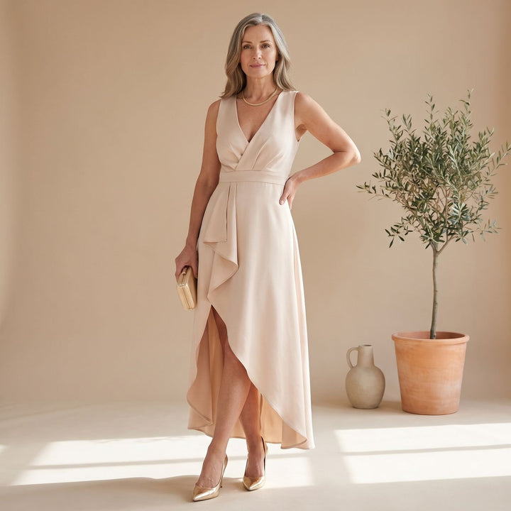 Anna | Women's Sleeveless V-Neck Party Dress with Wrap Skirt and Split
