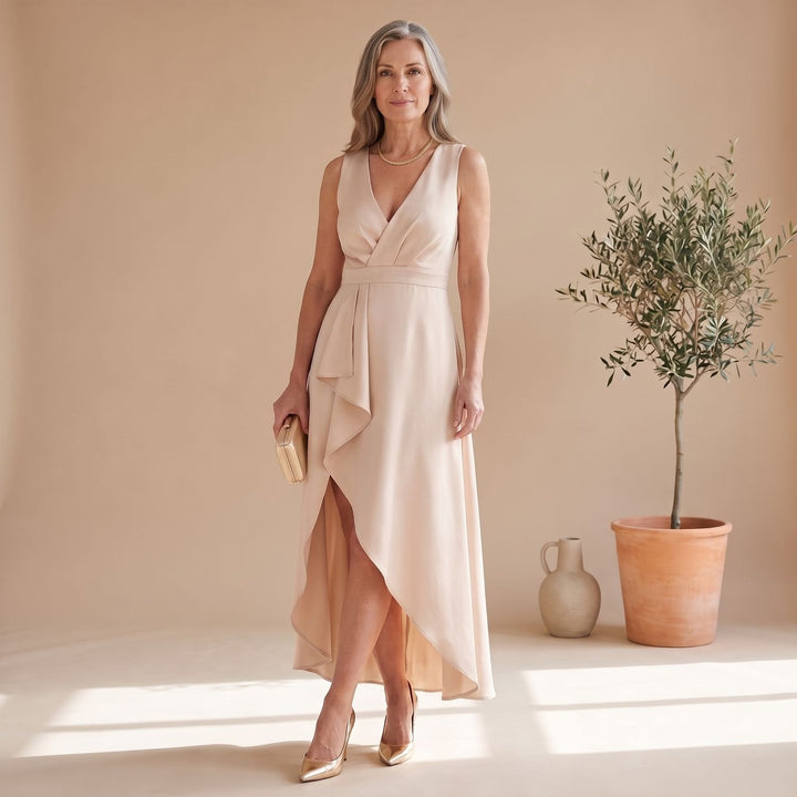 Anna | Women's Sleeveless V-Neck Party Dress with Wrap Skirt and Split