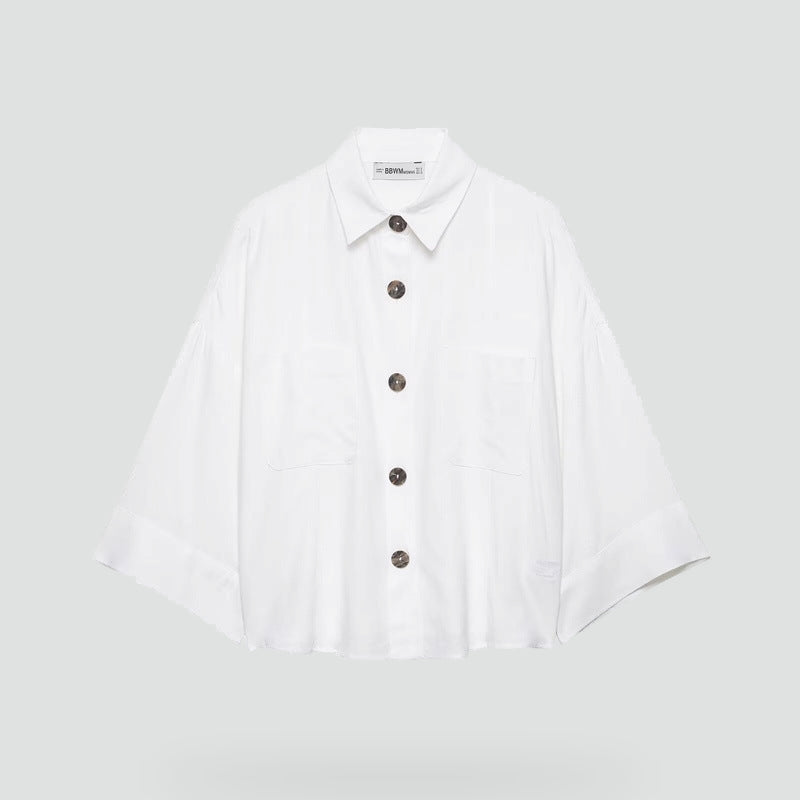 Ladies Nonchalant Shirt Jacket with Kimono Sleeves and Patch Pockets