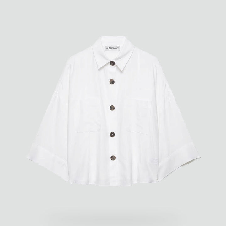 Ladies Nonchalant Shirt Jacket with Kimono Sleeves and Patch Pockets