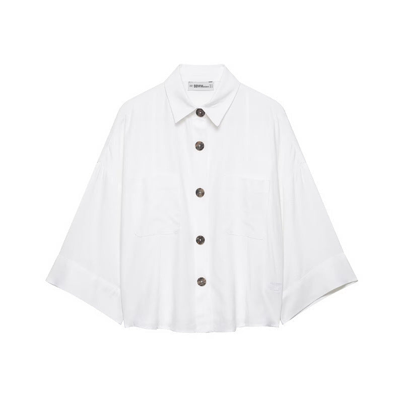 Ladies Nonchalant Shirt Jacket with Kimono Sleeves and Patch Pockets