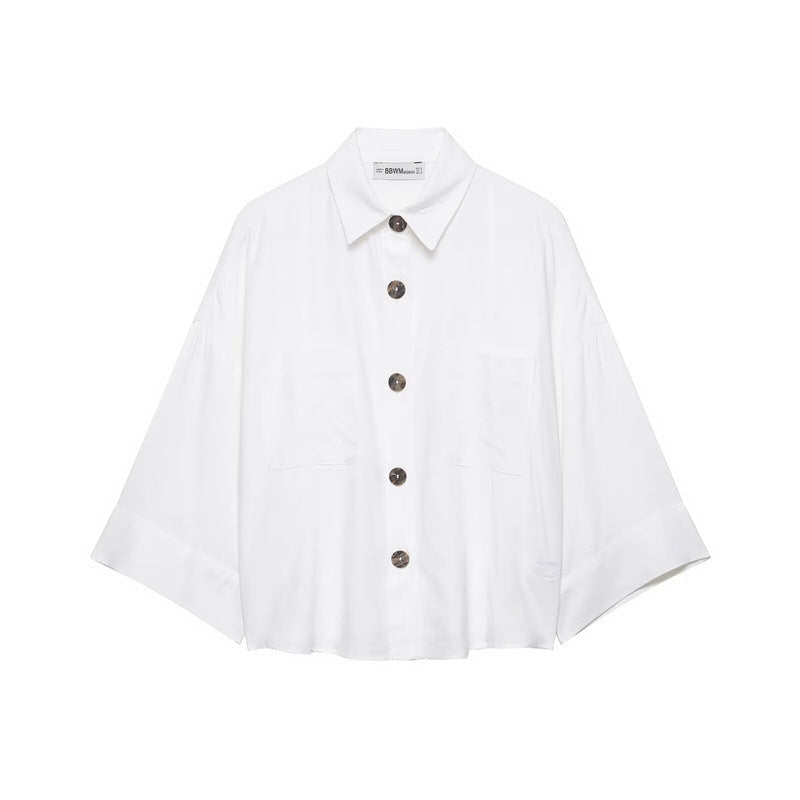 Ladies Nonchalant Shirt Jacket with Kimono Sleeves and Patch Pockets