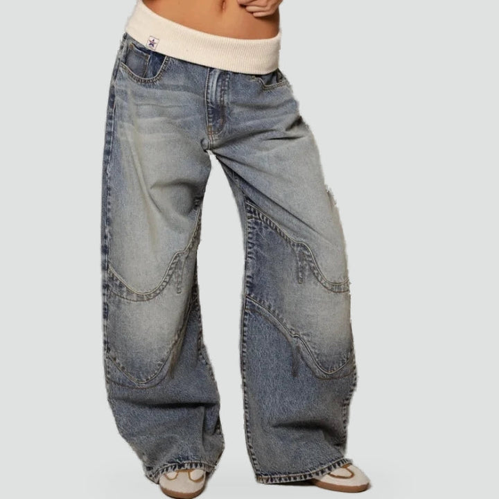 Ladies Nonchalant Baggy Jeans with Ribbed Waistband and Wide Legs