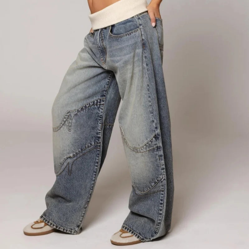 Ladies Nonchalant Baggy Jeans with Ribbed Waistband and Wide Legs