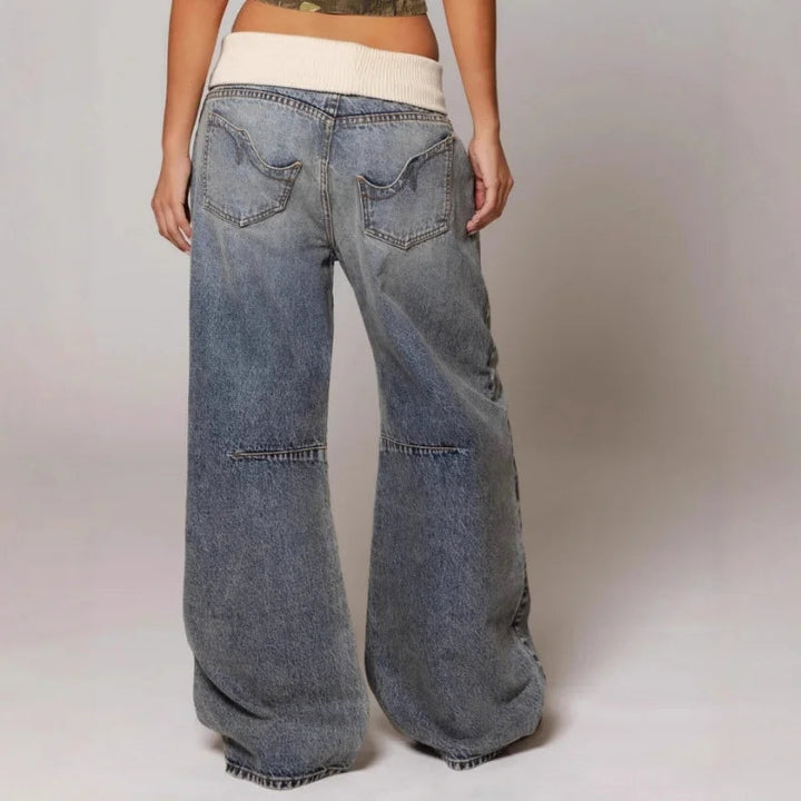 Ladies Nonchalant Baggy Jeans with Ribbed Waistband and Wide Legs