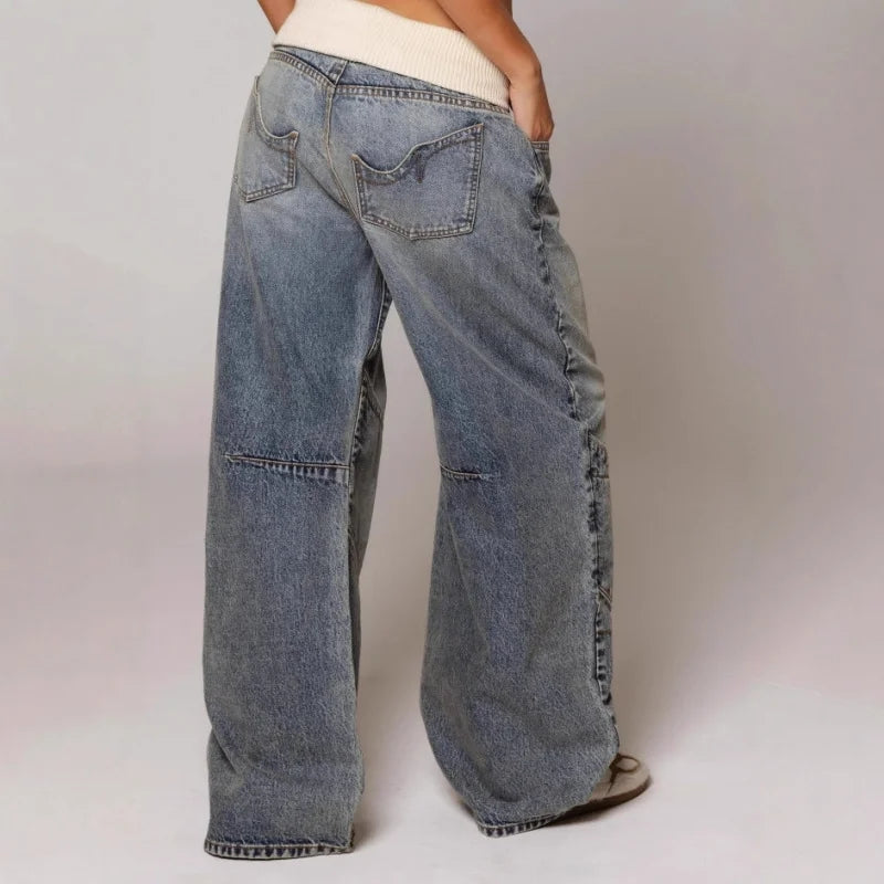 Ladies Nonchalant Baggy Jeans with Ribbed Waistband and Wide Legs