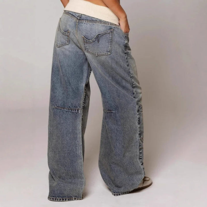 Ladies Nonchalant Baggy Jeans with Ribbed Waistband and Wide Legs