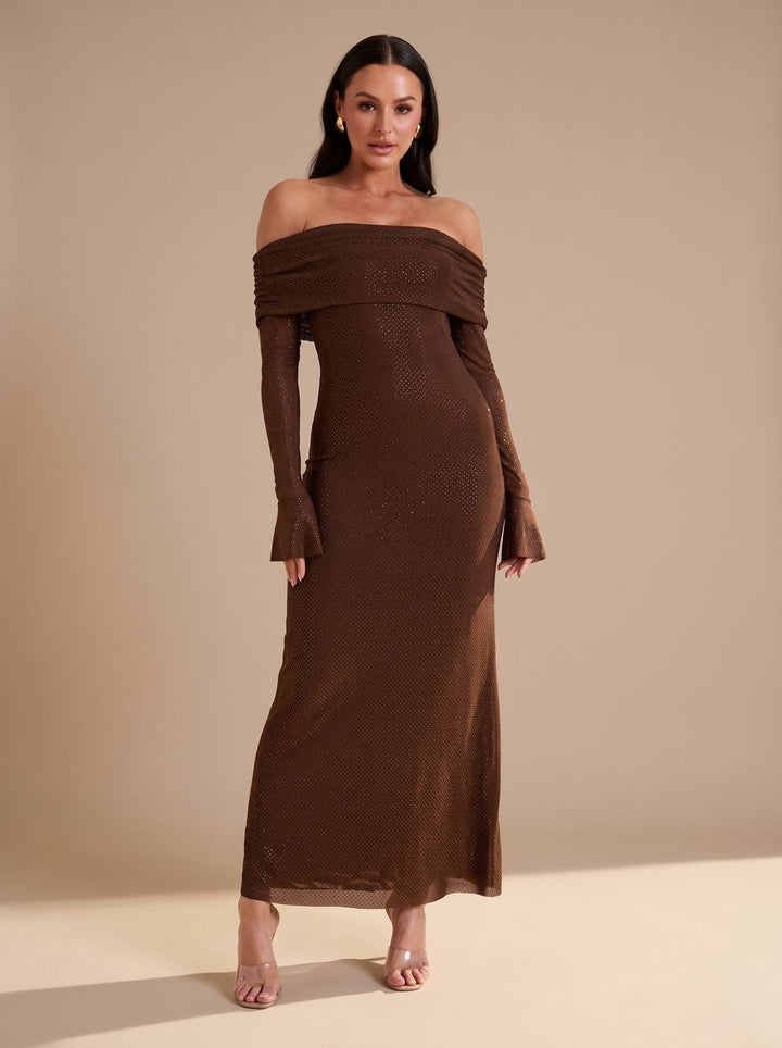 Lieke | Women's Off-Shoulder Glitter Maxi Party Dress with Flared Sleeves