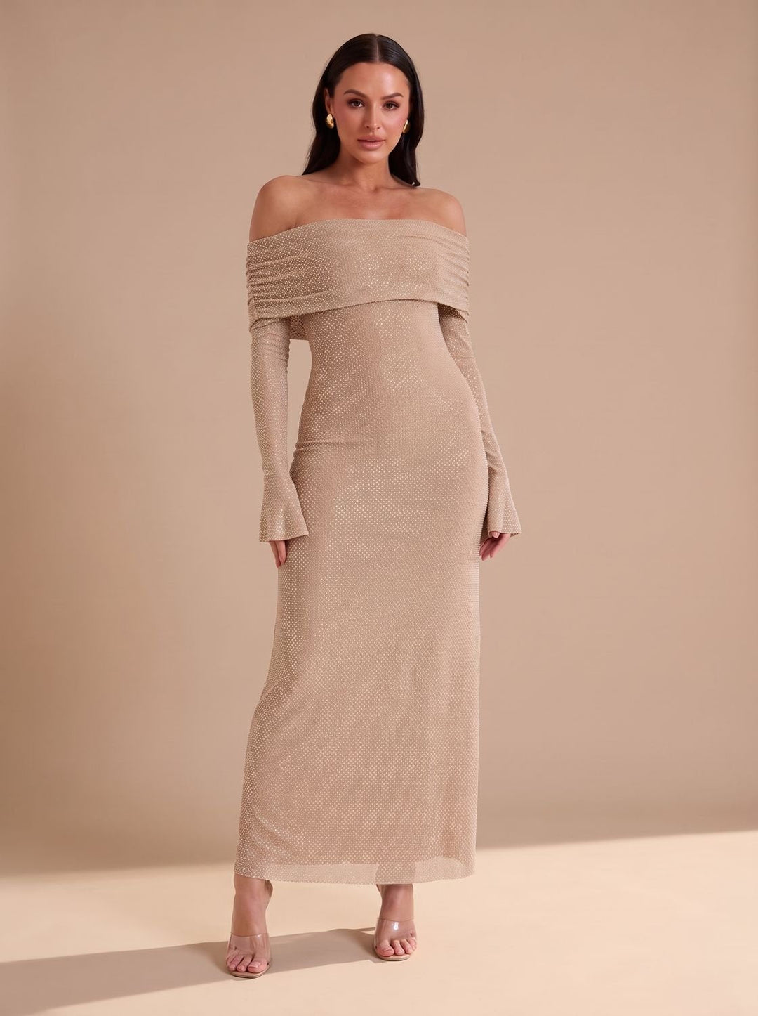 Lieke | Women's Off-Shoulder Glitter Maxi Party Dress with Flared Sleeves