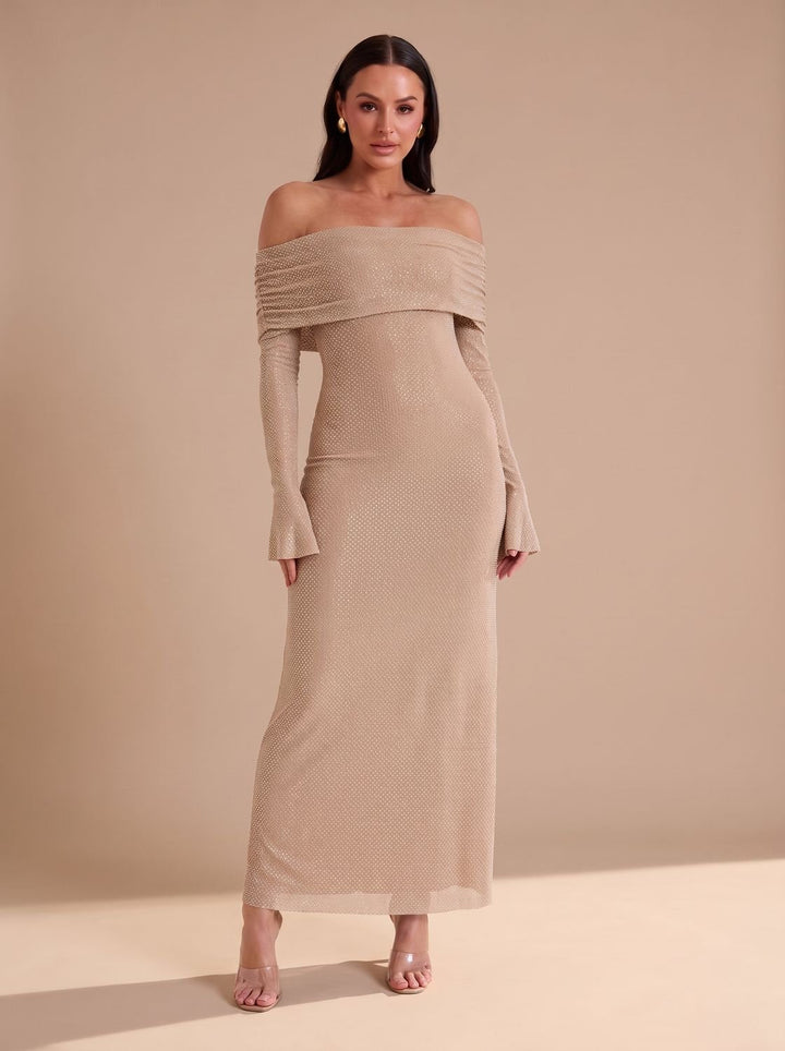 Lieke | Women's Off-Shoulder Glitter Maxi Party Dress with Flared Sleeves