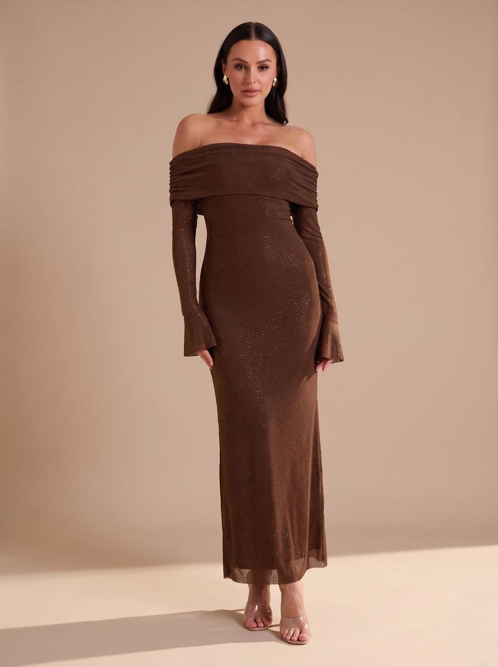 Lieke | Women's Off-Shoulder Glitter Maxi Party Dress with Flared Sleeves