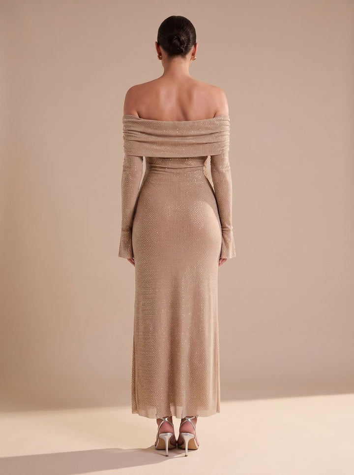 Lieke | Women's Off-Shoulder Glitter Maxi Party Dress with Flared Sleeves