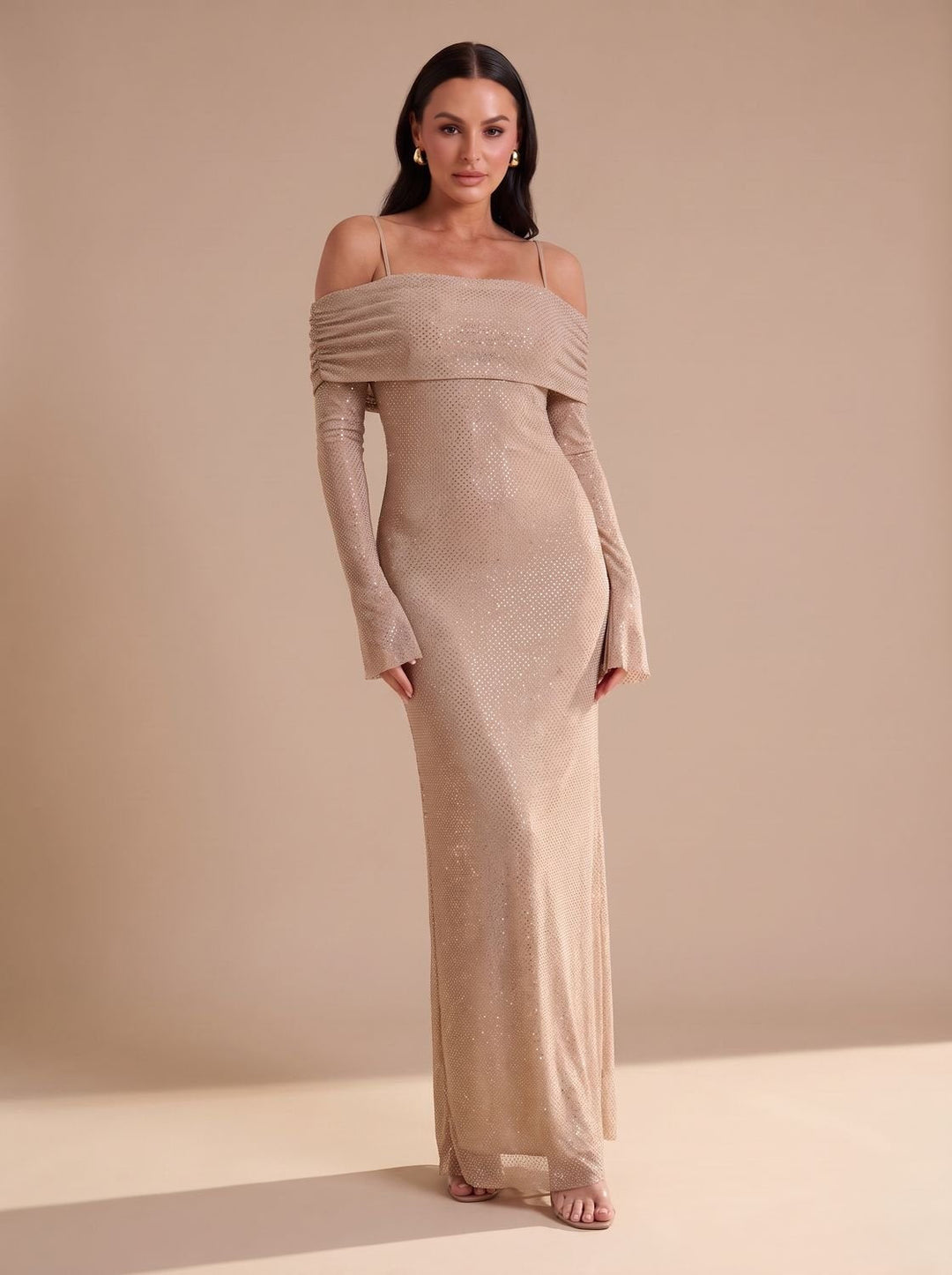 Lieke | Women's Off-Shoulder Glitter Maxi Party Dress with Flared Sleeves