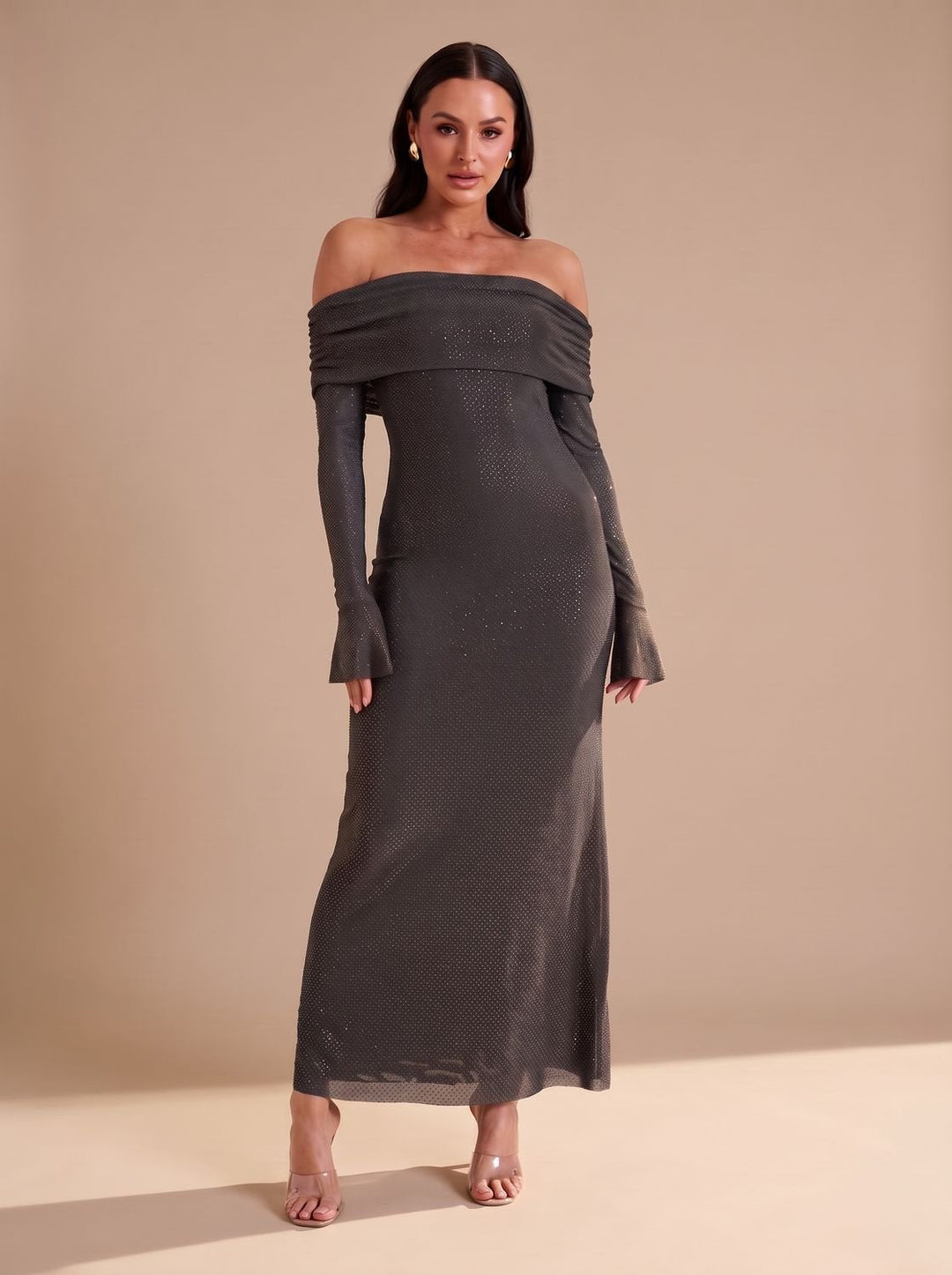 Lieke | Women's Off-Shoulder Glitter Maxi Party Dress with Flared Sleeves