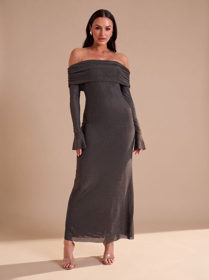 Lieke | Women's Off-Shoulder Glitter Maxi Party Dress with Flared Sleeves