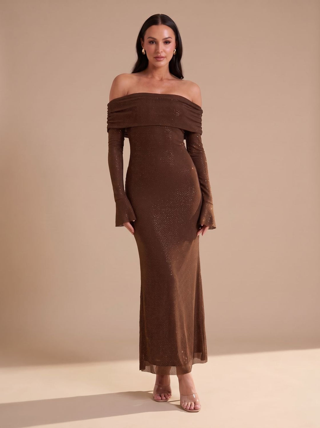 Lieke | Women's Off-Shoulder Glitter Maxi Party Dress with Flared Sleeves