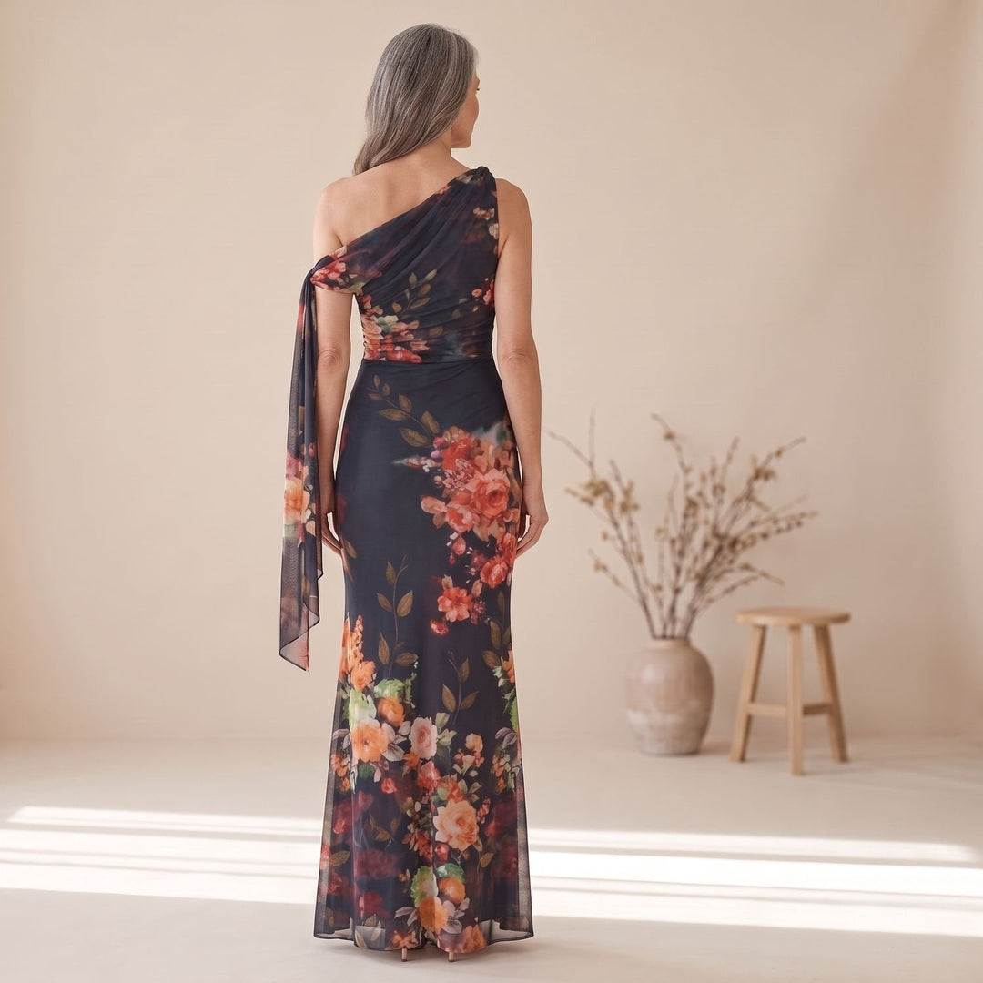 Olivia | Women's One Shoulder Pleated Floral Print Maxi Dress