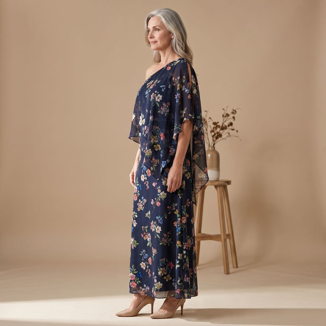Olivia | Women's One Shoulder Pleated Floral Print Maxi Dress