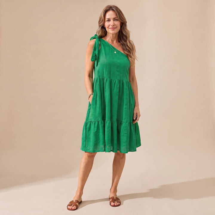 Lieke | Women's One-Shoulder Bow Detail Layered Knee-Length Dress
