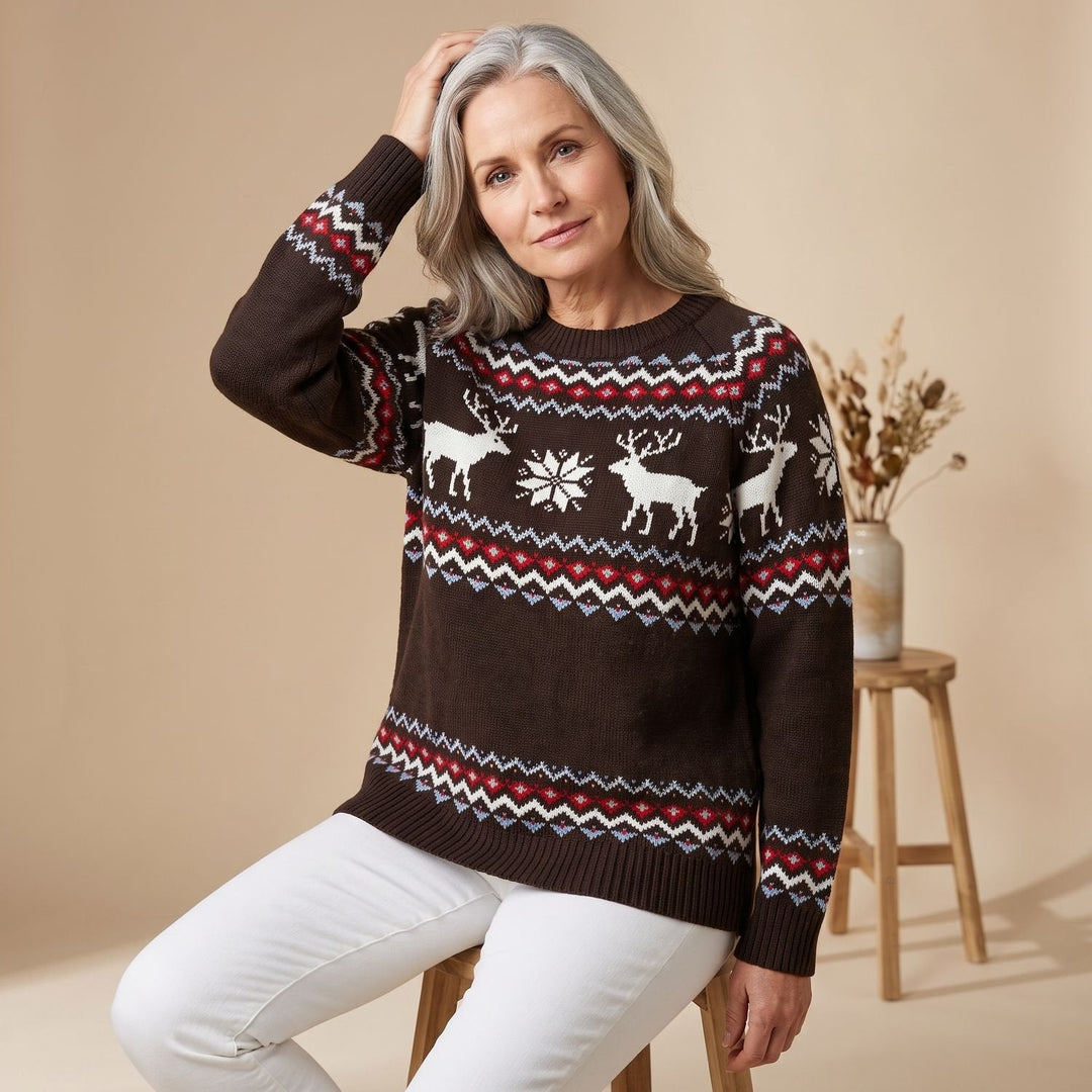 Nina | Women's Oversized Christmas Sweater with Reindeer and Snowflake Pattern