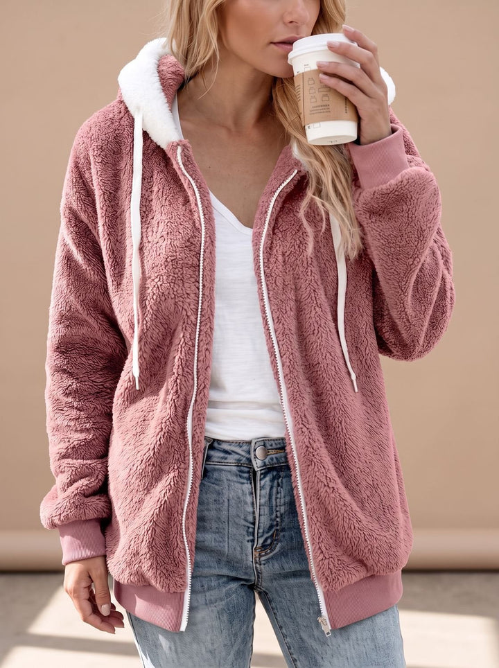 Nina Women's Oversized Teddy Jacket with Hood and Zipper, Khaki, view 5 - Elena Harper