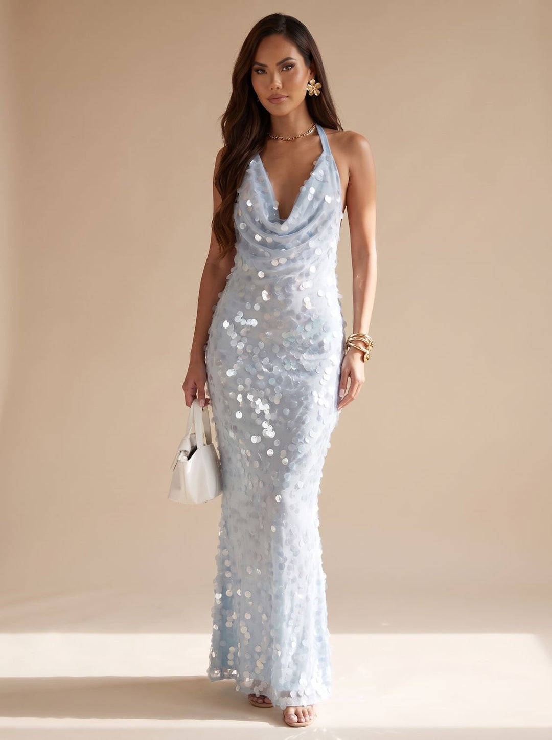 Sara | Women's Sequin Maxi Dress Halter Cowlneck Long Dress for Wedding