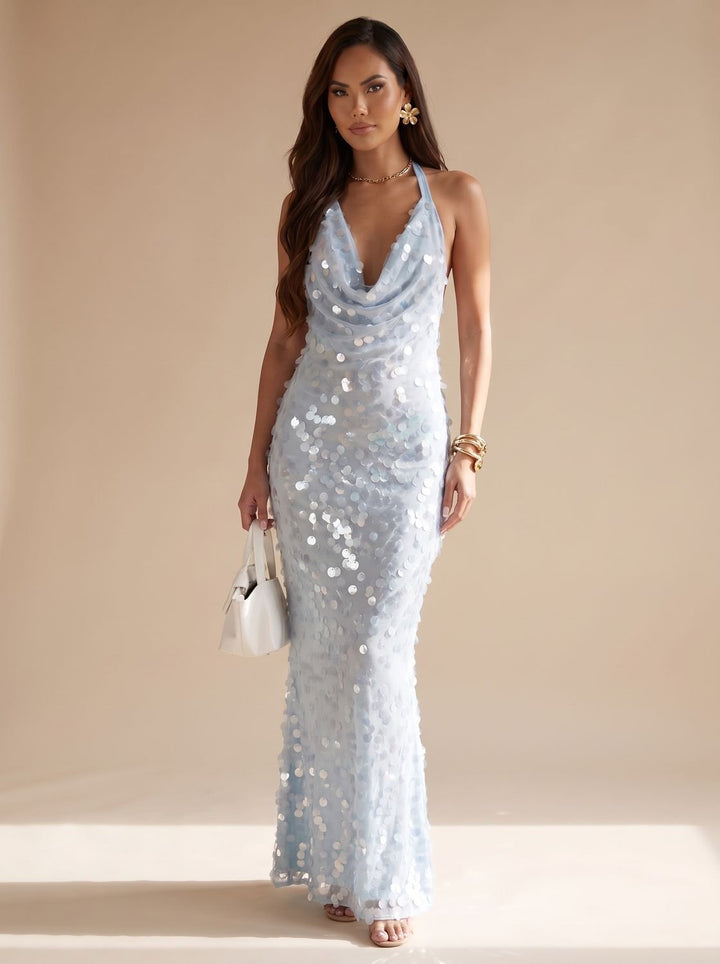 Sara | Women's Sequin Maxi Dress Halter Cowlneck Long Dress for Wedding