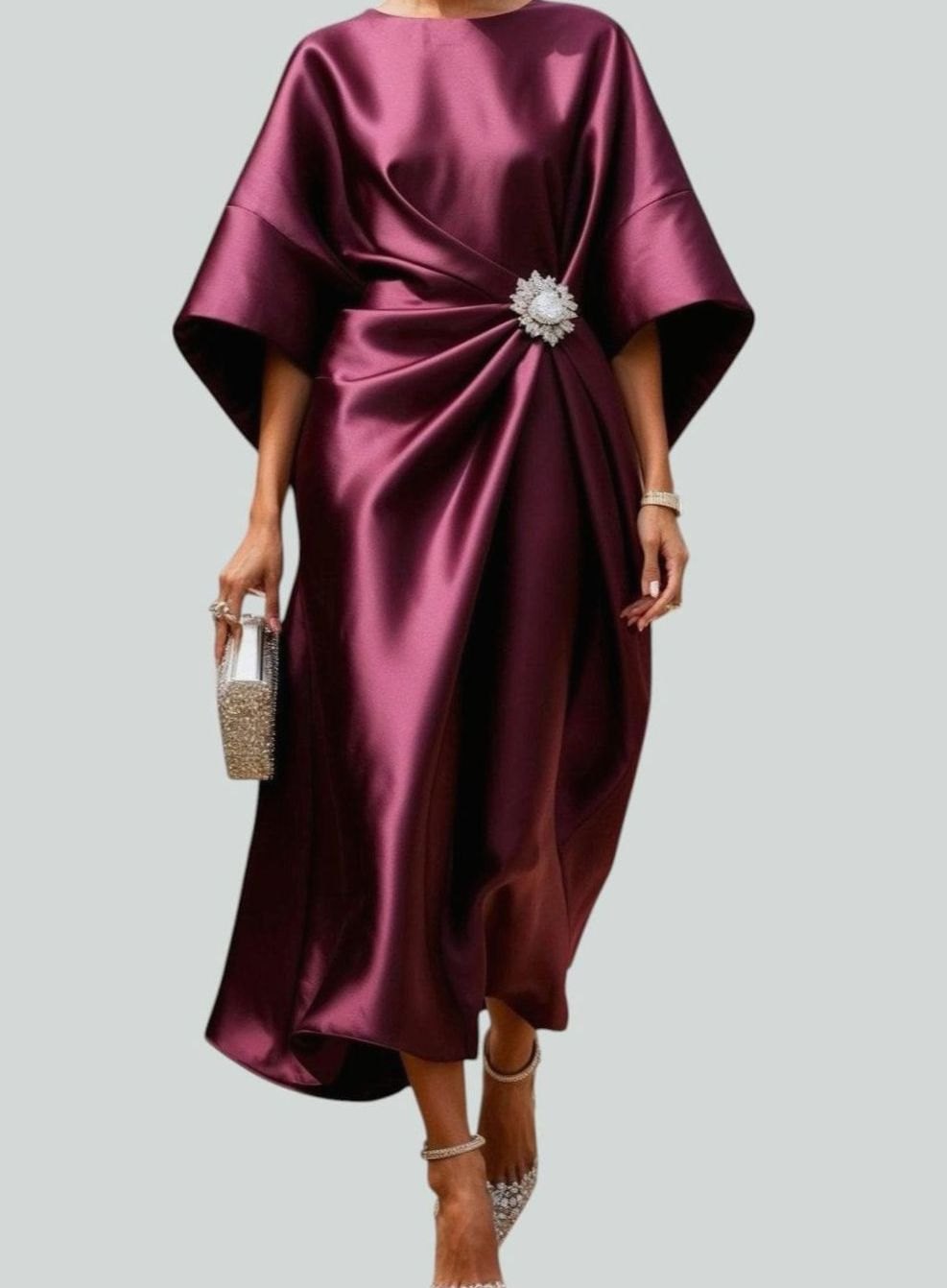 Anna | Women's Satin Draped Evening Dress with Batwing Sleeves