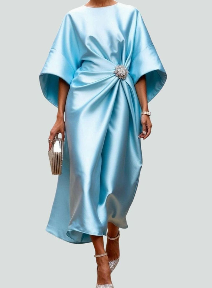 Anna | Women's Satin Draped Evening Dress with Batwing Sleeves