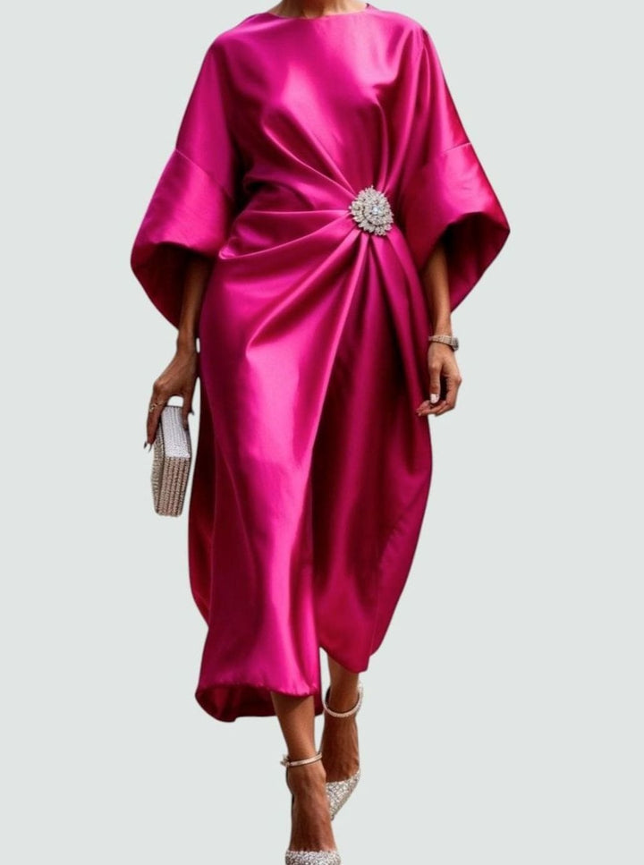 Anna | Women's Satin Draped Evening Dress with Batwing Sleeves