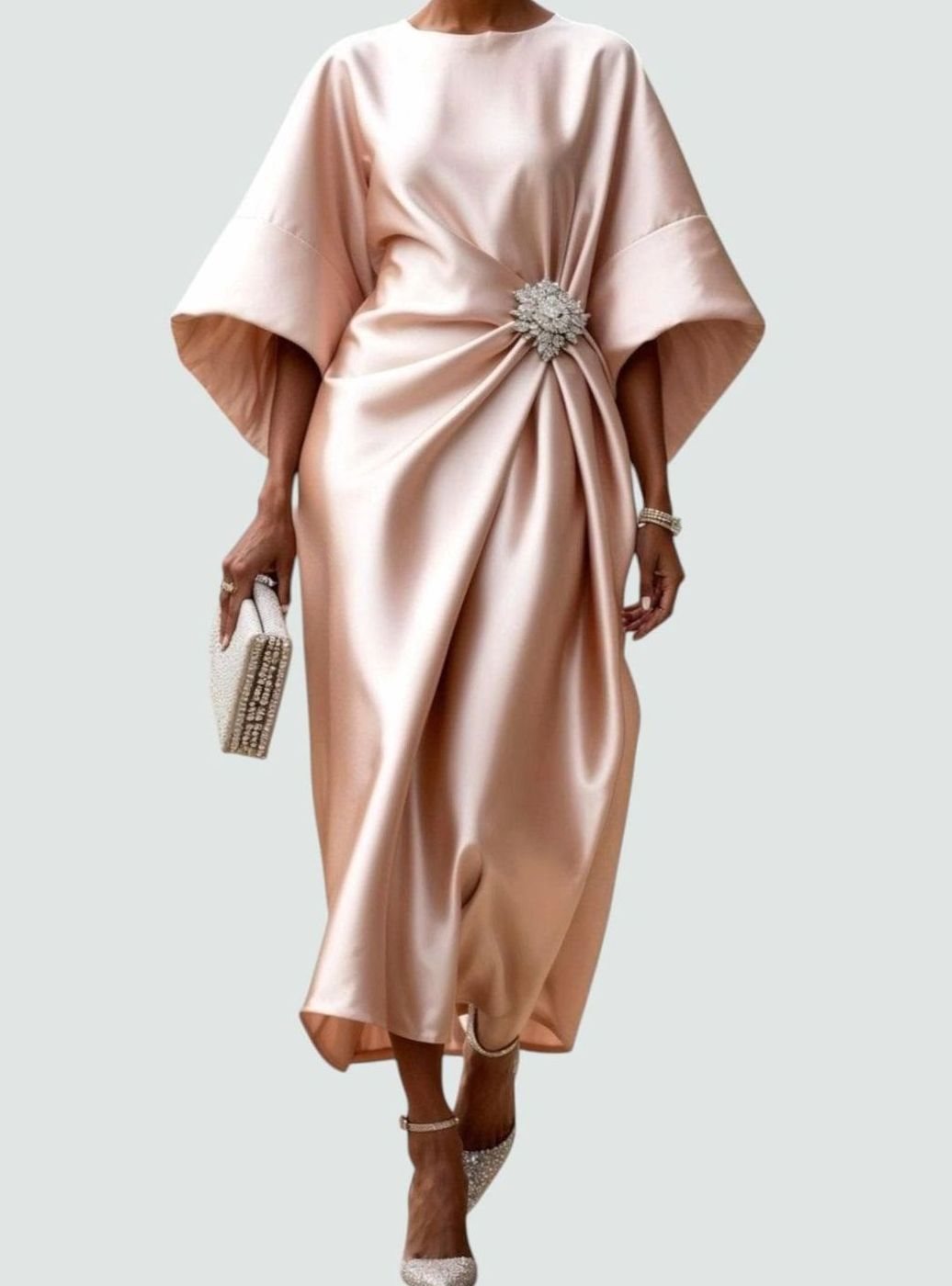 Anna | Women's Satin Draped Evening Dress with Batwing Sleeves