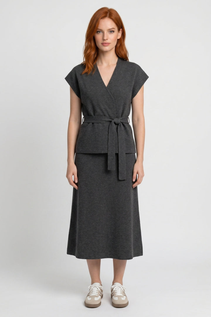Ladies Set Vest Midi Skirt Tie Belt Casual Semi-Formal