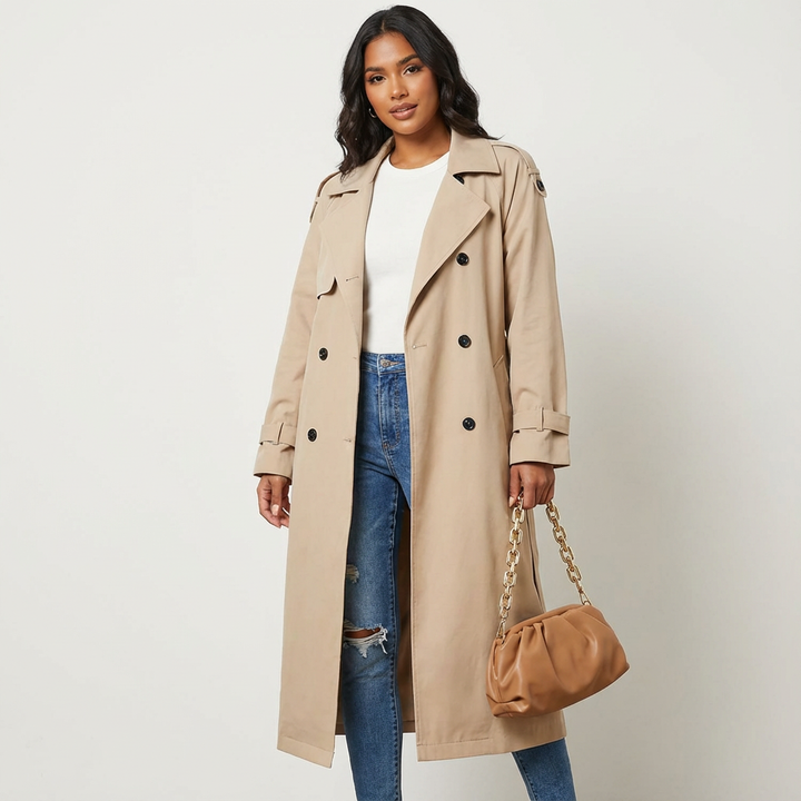 Women's Trench Coat Long Fit Classic Button Placket Casual Formal
