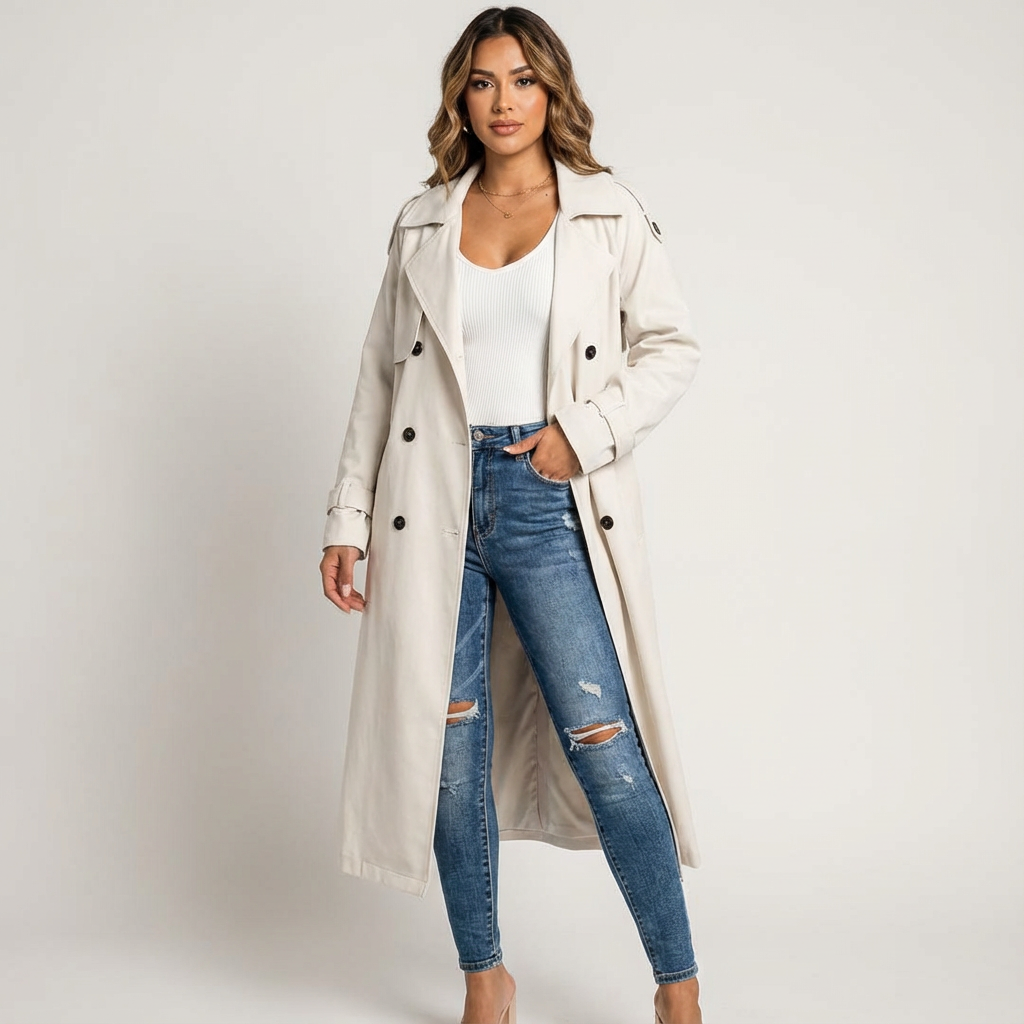 Women's Trench Coat Long Fit Classic Button Placket Casual Formal