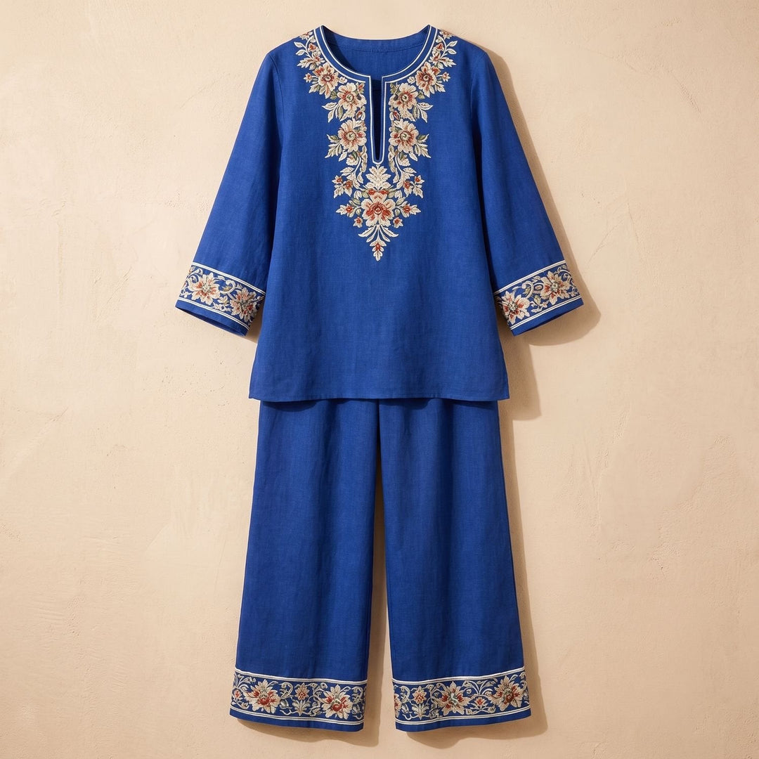 Lisa | Women's Two-Piece Set Embroidered Tunic Wide-Leg Pants