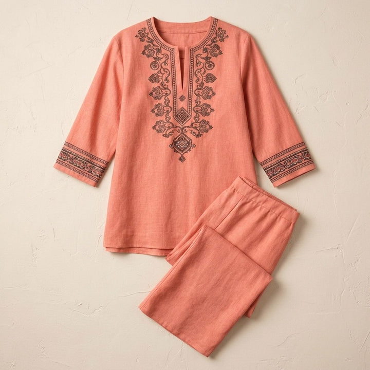 Lisa | Women's Two-Piece Set Embroidered Tunic Wide-Leg Pants