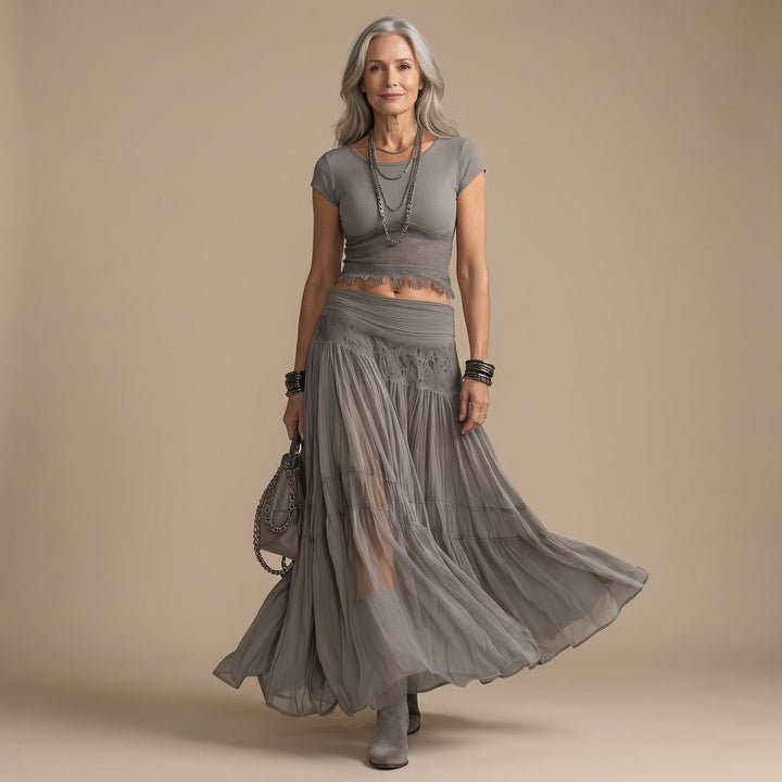 Nora | Women's Two-Piece Set Lace Pleated Maxi Skirt
