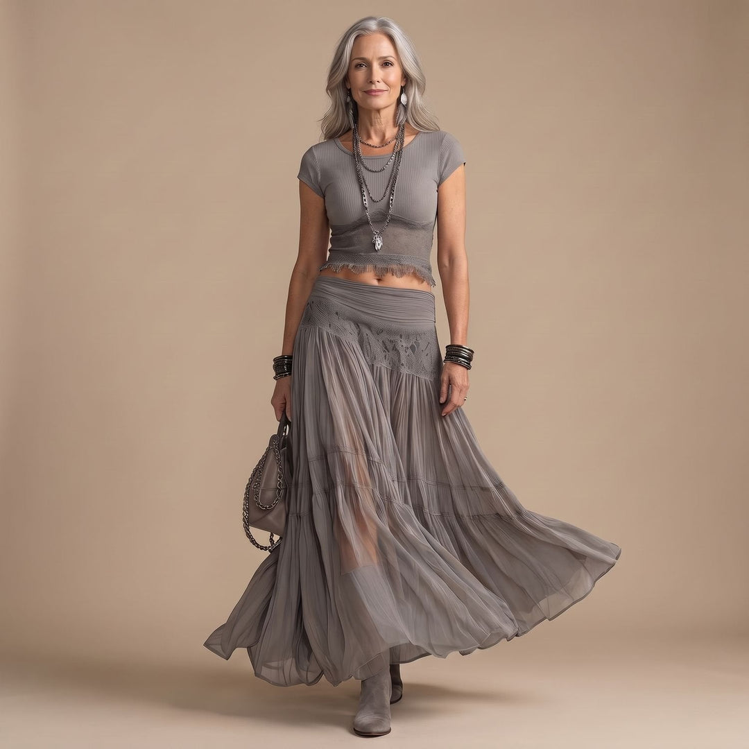 Nora | Women's Two-Piece Set Lace Pleated Maxi Skirt