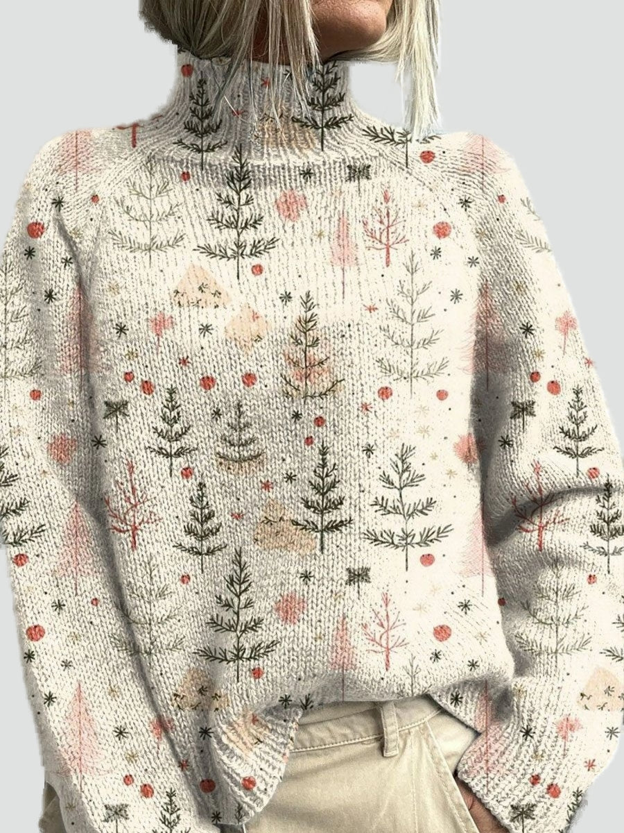 Ladies Warm Christmas Sweater with Collar and Christmas Tree Print